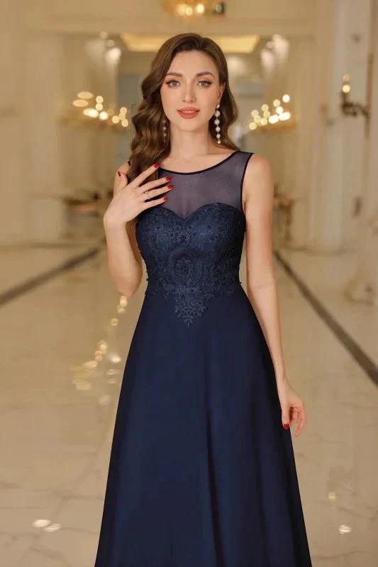 Elegant Chiffon Sleevless Evening Dress Scoop Neck Lace Apliques Bridesmaid Dress (ZD12867)