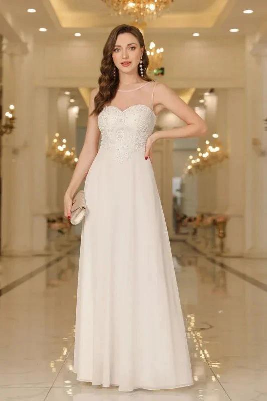 Elegant Chiffon Sleevless Evening Dress Scoop Neck Lace Apliques Bridesmaid Dress (ZD12867)