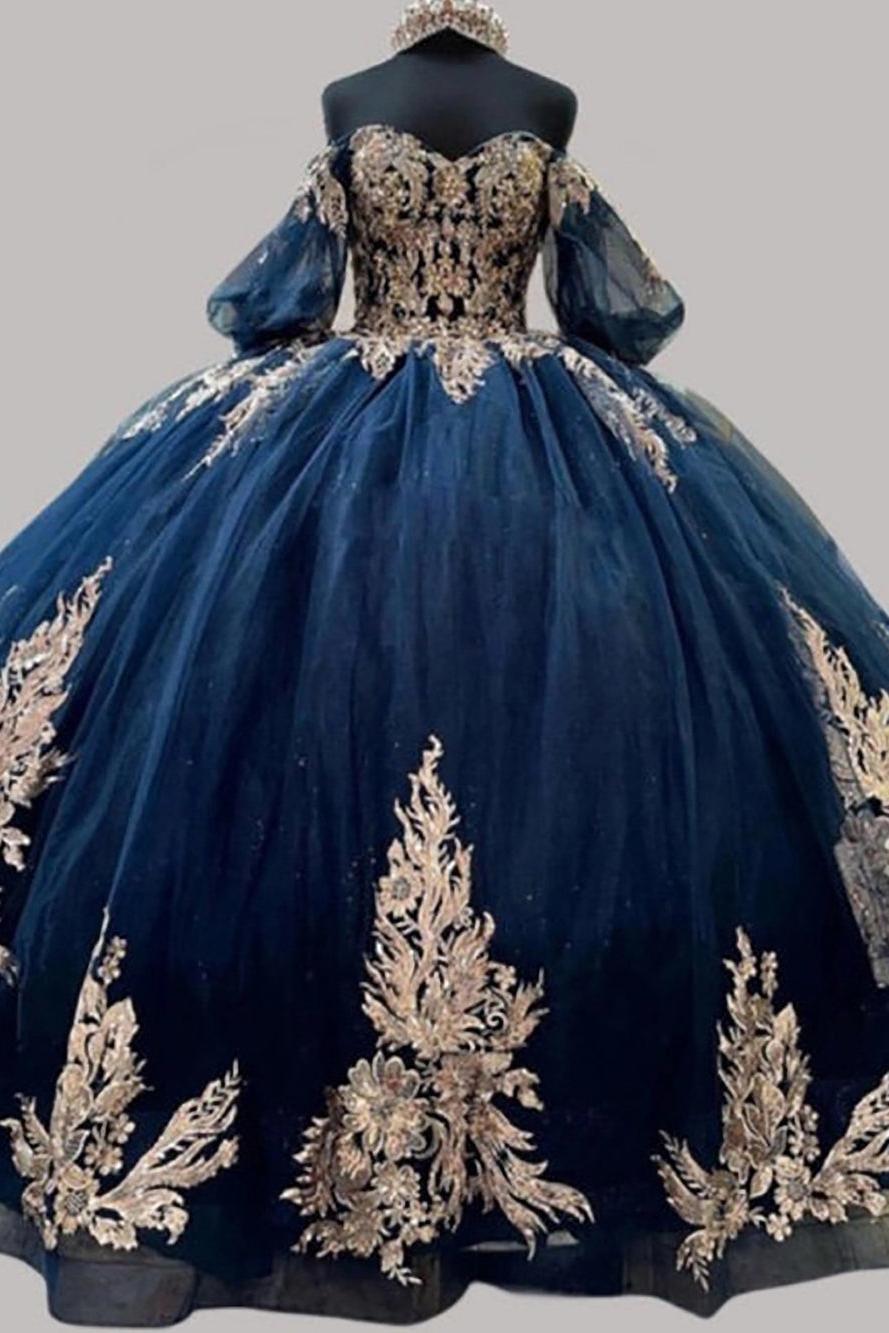 Elegant & Classic Ball Gown Off Shoulder Half Lantern Sleeves Lace Appliques Tiered Navy Blue Tulle Quinceanera Dress Evening Party Gown For Sweet 16