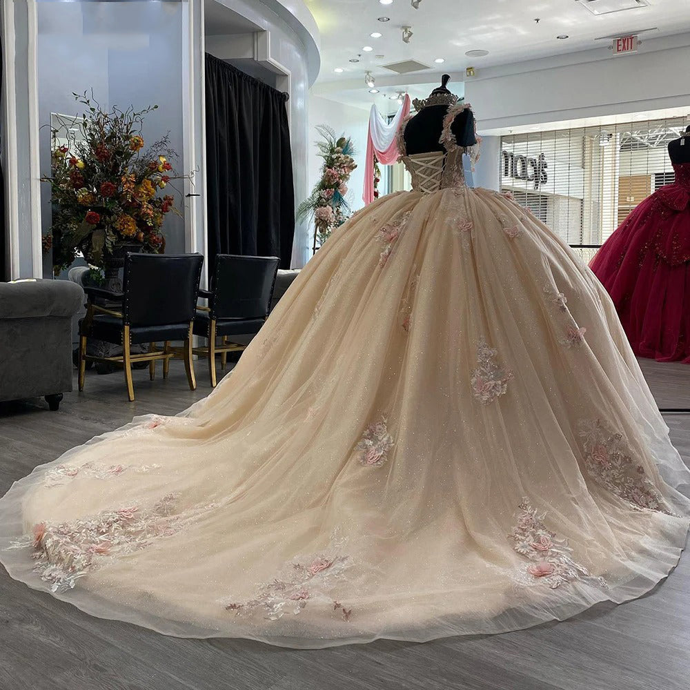 Elegant & Classic Ball Gown Strapless Straps Sleeveless 3D Flower Lace Appliques Sweep Train Champagne Tulle Quinceanera Dresses Princess Gown For Sweet 16