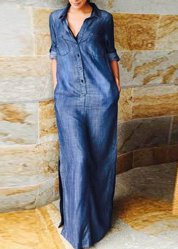 Elegant Denim Blue Peter Pan Collar Patchwork Pockets Maxi Shirts Dresses Long Sleeve