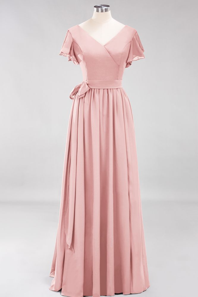 Elegant Elegant V-Neck Short Sleeve Bridesmaid Dresses with Bow Sash Long Chiffon