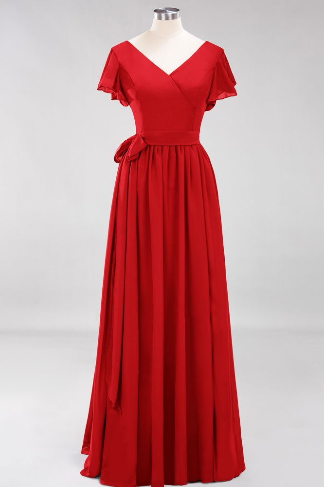 Elegant Elegant V-Neck Short Sleeve Bridesmaid Dresses with Bow Sash Long Chiffon