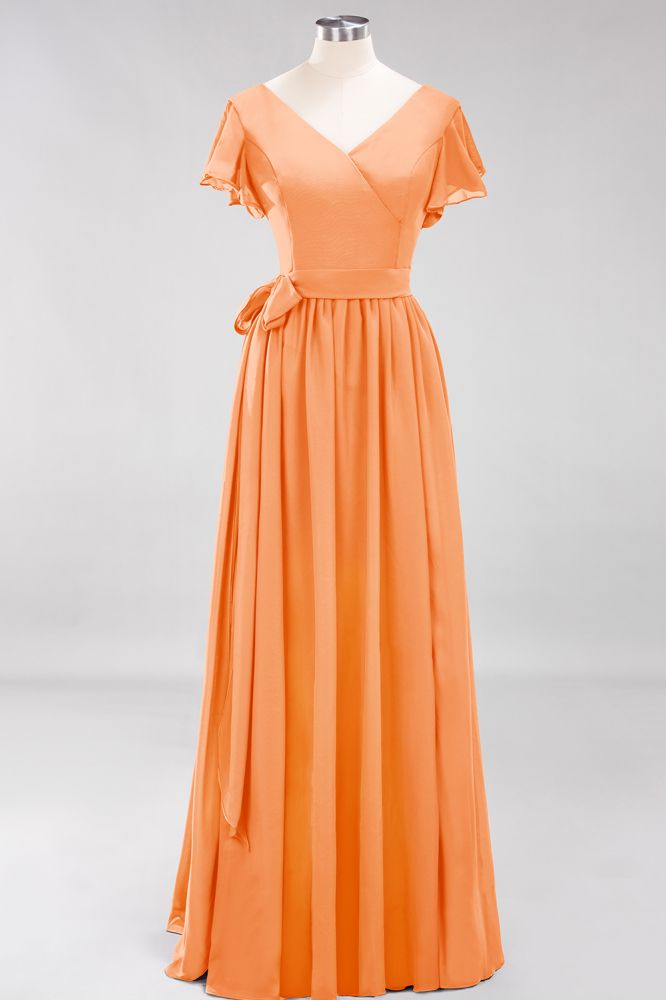 Elegant Elegant V-Neck Short Sleeve Bridesmaid Dresses with Bow Sash Long Chiffon