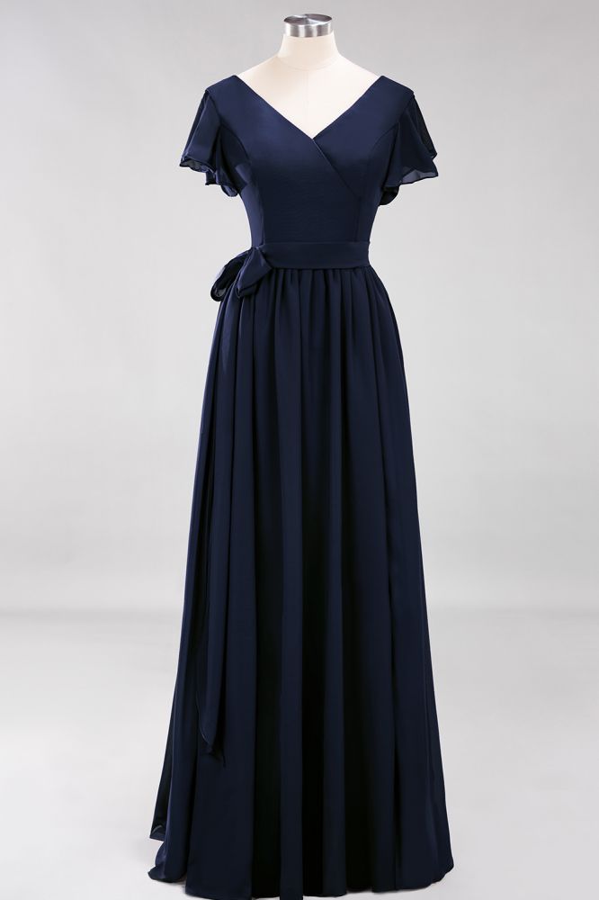 Elegant Elegant V-Neck Short Sleeve Bridesmaid Dresses with Bow Sash Long Chiffon