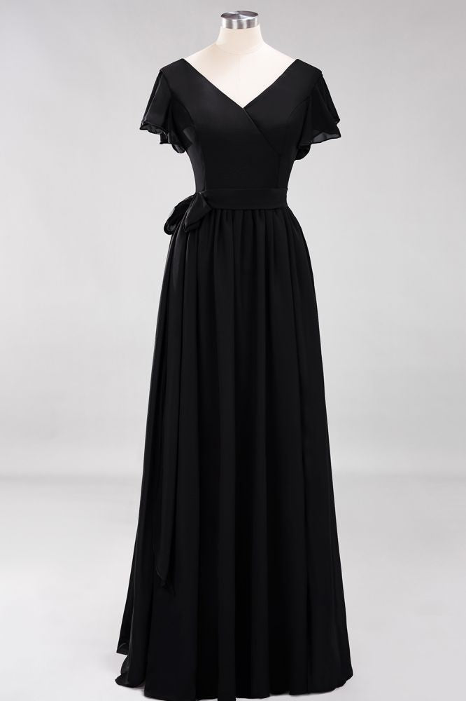 Elegant Elegant V-Neck Short Sleeve Bridesmaid Dresses with Bow Sash Long Chiffon