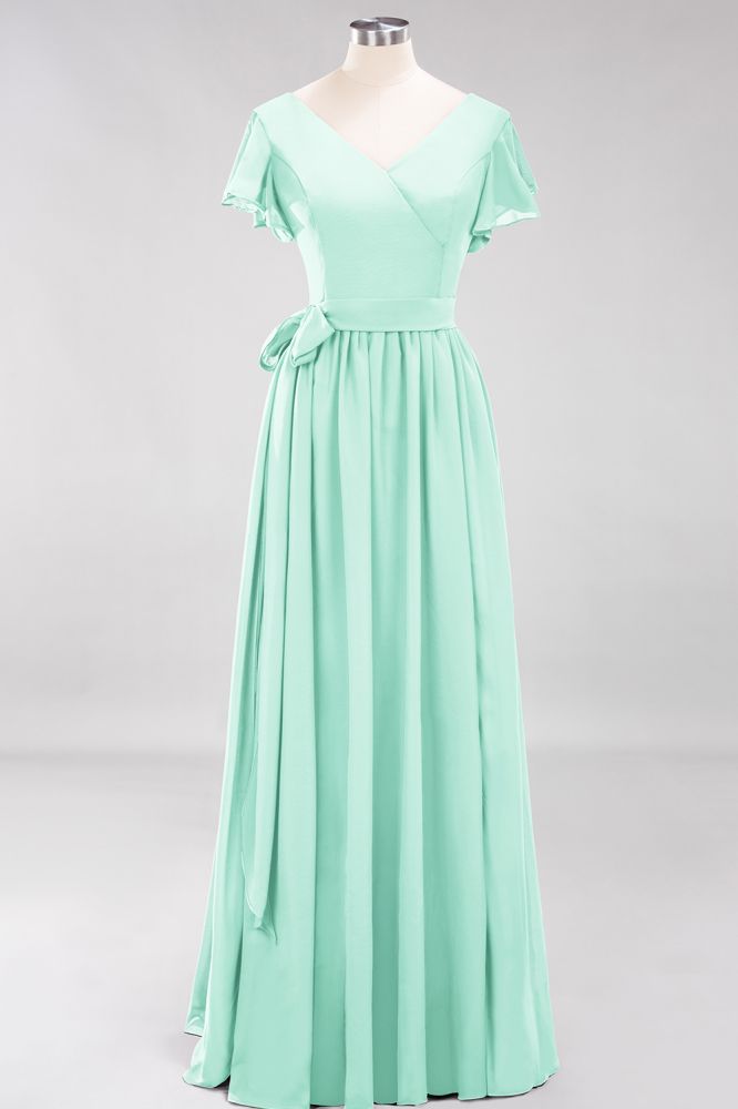 Elegant Elegant V-Neck Short Sleeve Bridesmaid Dresses with Bow Sash Long Chiffon