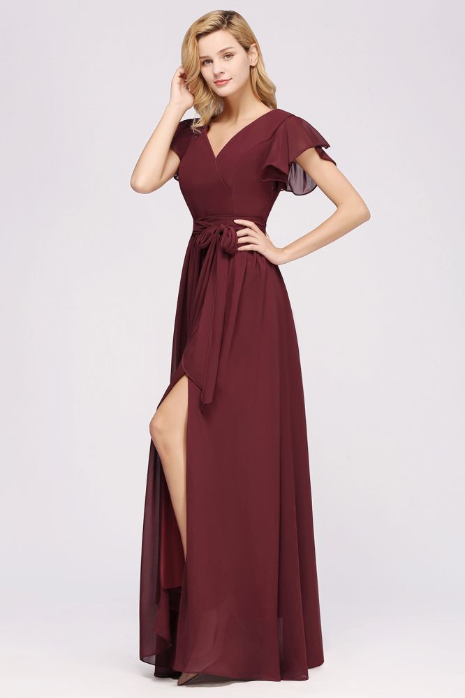 Elegant Elegant V-Neck Short Sleeve Bridesmaid Dresses with Bow Sash Long Chiffon