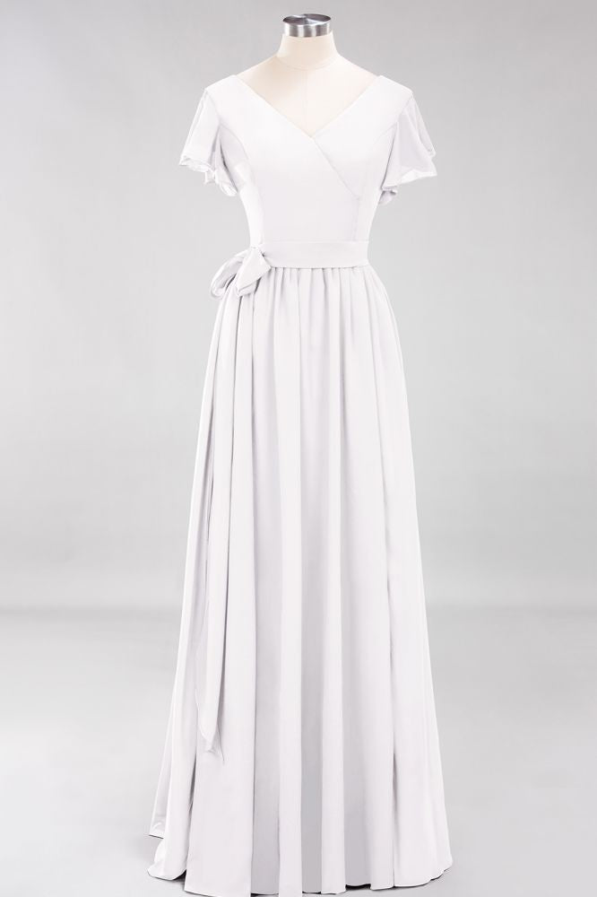 Elegant Elegant V-Neck Short Sleeve Bridesmaid Dresses with Bow Sash Long Chiffon