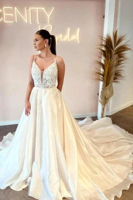 Elegant Floor-Length Spaghetti Straps V-Neck Sleeveless A-Line Wedding Dresses with Appliques (ZD15752)