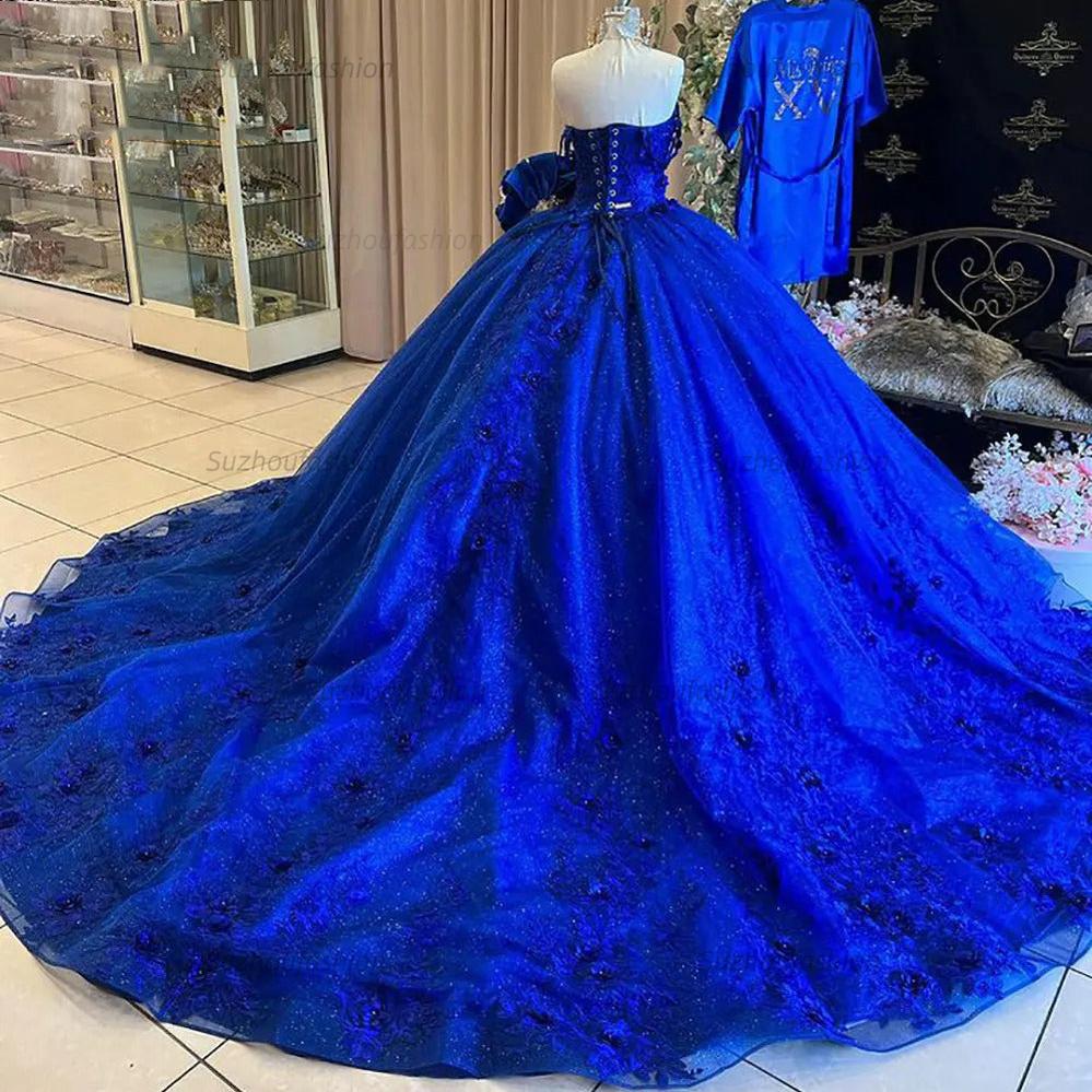 Elegant & Glitter Ball Gown Off Shoulder 3D Flower Lace Appliques Royal Blue Tulle Quinceanera Dress Princess Birthday Party Dress For Sweet 16