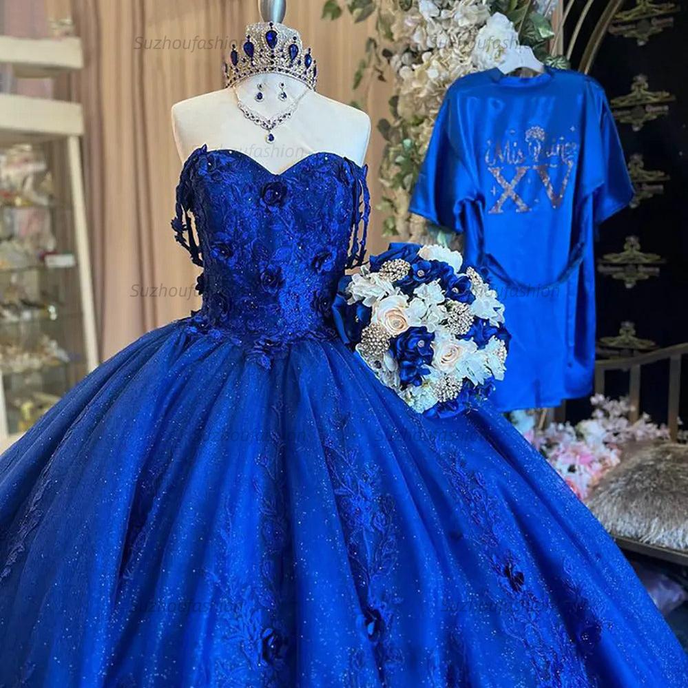 Elegant & Glitter Ball Gown Off Shoulder 3D Flower Lace Appliques Royal Blue Tulle Quinceanera Dress Princess Birthday Party Dress For Sweet 16