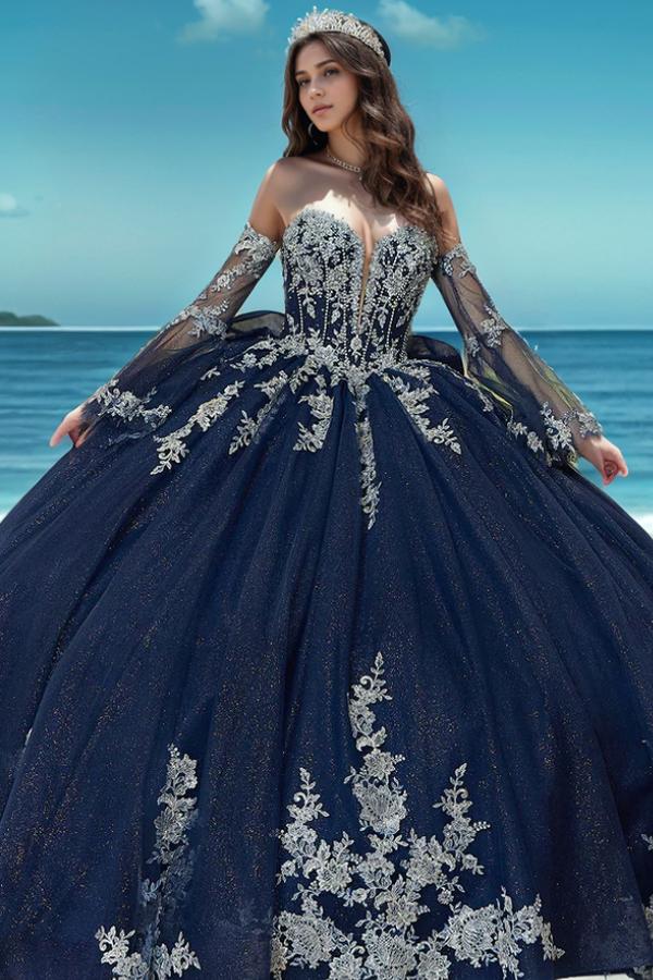 Elegant & Glitter Ball Gown Strapless Detachable Long Bell Sleeves Beaded Appliques Lace Up Bow Knot Navy Blue Tulle Quinceanera Dress Formal Evening Gown Party Dress