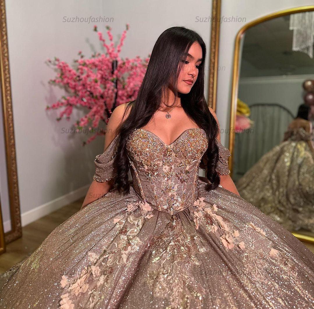 Elegant & Glitter Ball Gown Sweetheart Neck Off Shoulder Sweep Train Tulle Cocktail Party Gown Quinceanera Dress Princess For Sweet 16