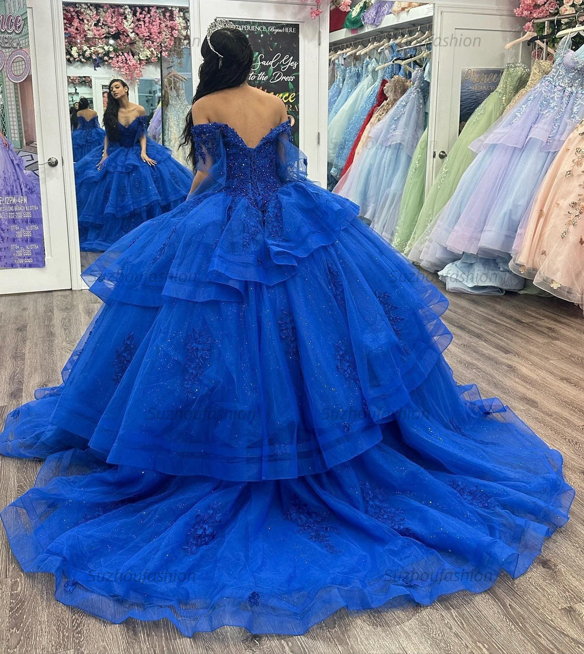 Elegant & Gorgeous Ball Gown Off Shoulder Flowers Lace Appliques Beaded Tiered Ruffles Royal Blue Tulle Princess Evening Party Gown Quinceanera Dress For Sweet 16