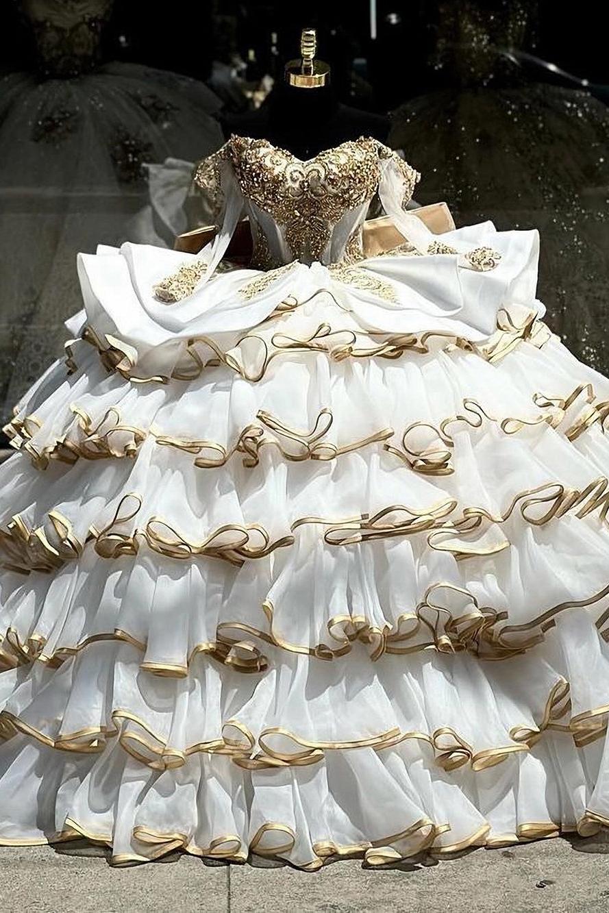Elegant & Gorgeous Ball Gown Off Shoulder Gold Appliques Beaded Tiered Princess Evening Party Dress Quinceanera Dress For Sweet 16
