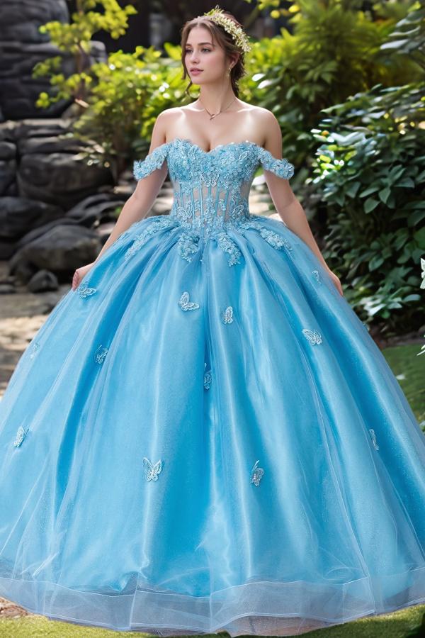 Elegant & Gorgeous Ball Gown Off Shoulder Sleeveles 3D Butterfly Appliques Tulle Quinceanera Dress Prom Party Dress For Sweet 16