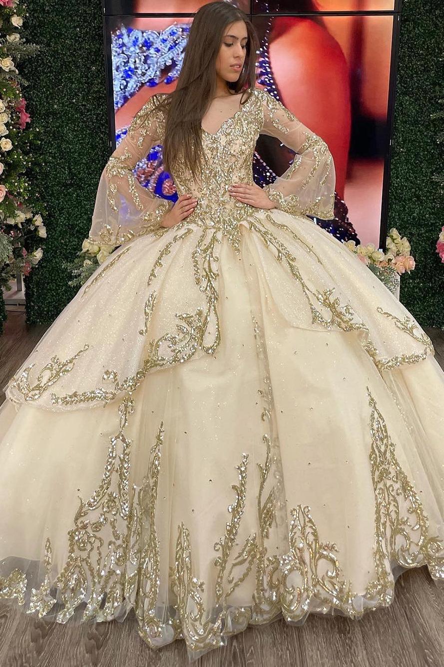 Elegant & Gorgeous Ball Gown Sweetheart Long Sleeves Sequined Appliques Beaded Tiered Champagne Tulle Quinceanera Dress Princess Evening Party Gown For Sweet 16