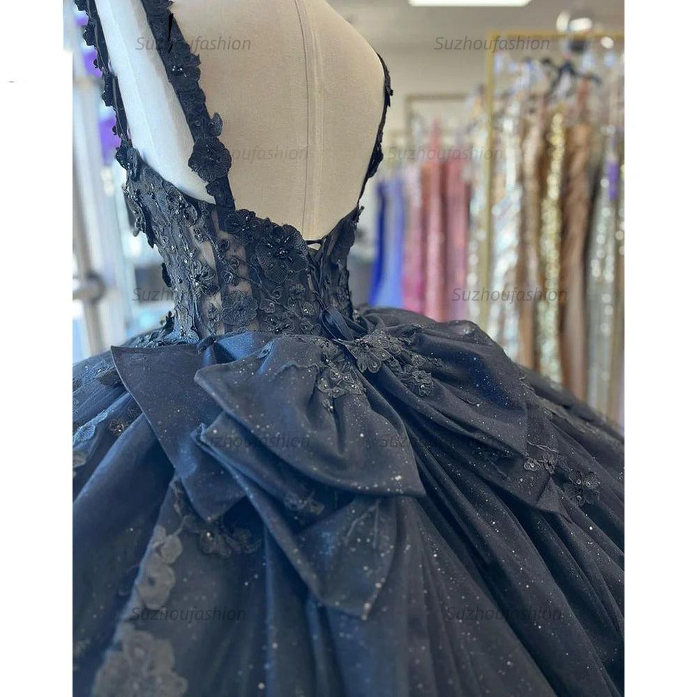 Elegant & Gorgeous Ball Gown Sweetheart Neck Straps 3D Flower Appliques Beaded Navy Blue Tulle Quinceanera Dress Princess Birthday Party Dress For Sweet 16