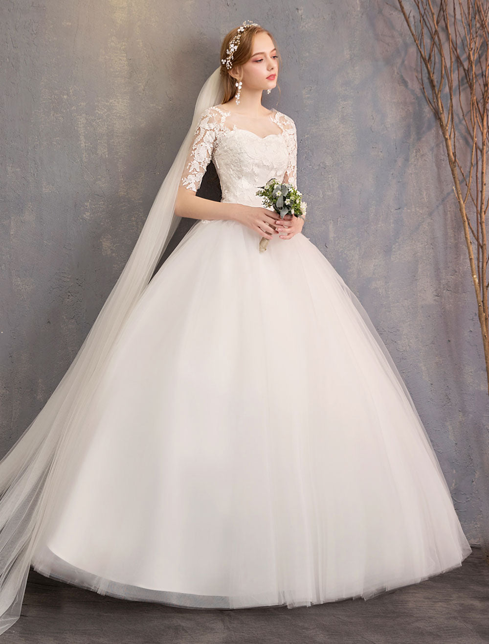 Elegant Half Sleeves Lace Tulle White Ball Gown Wedding Dresses