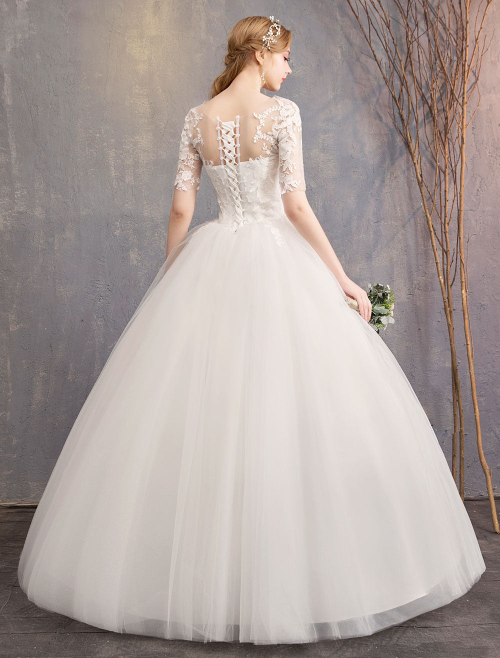Elegant Half Sleeves Lace Tulle White Ball Gown Wedding Dresses
