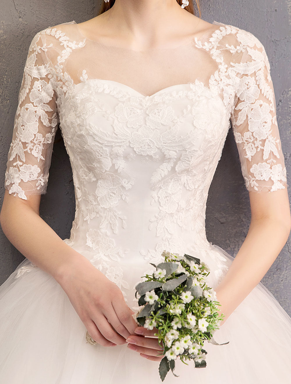 Elegant Half Sleeves Lace Tulle White Ball Gown Wedding Dresses