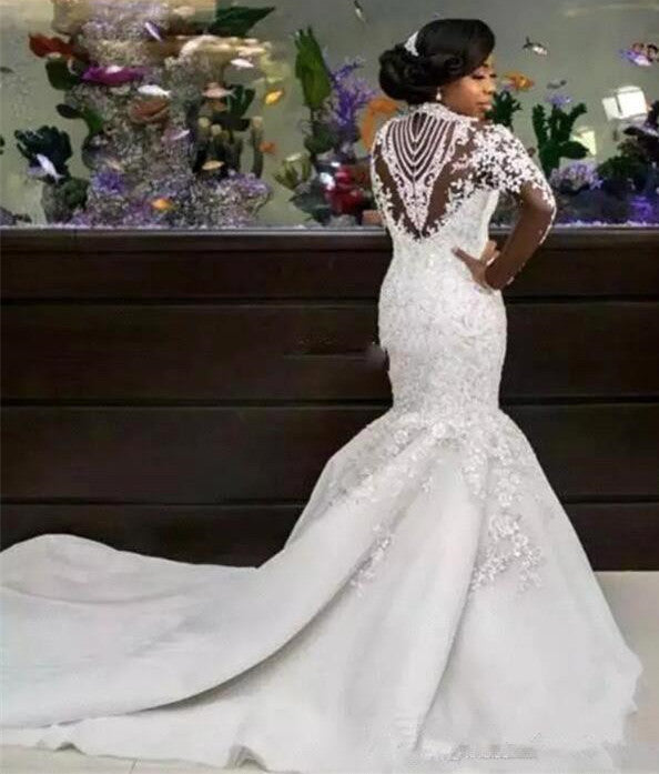 Elegant High Neck Lace Appliques  Wedding Dresses | Long Sleeves Crystal Sexy Mermaid Bridal Gowns