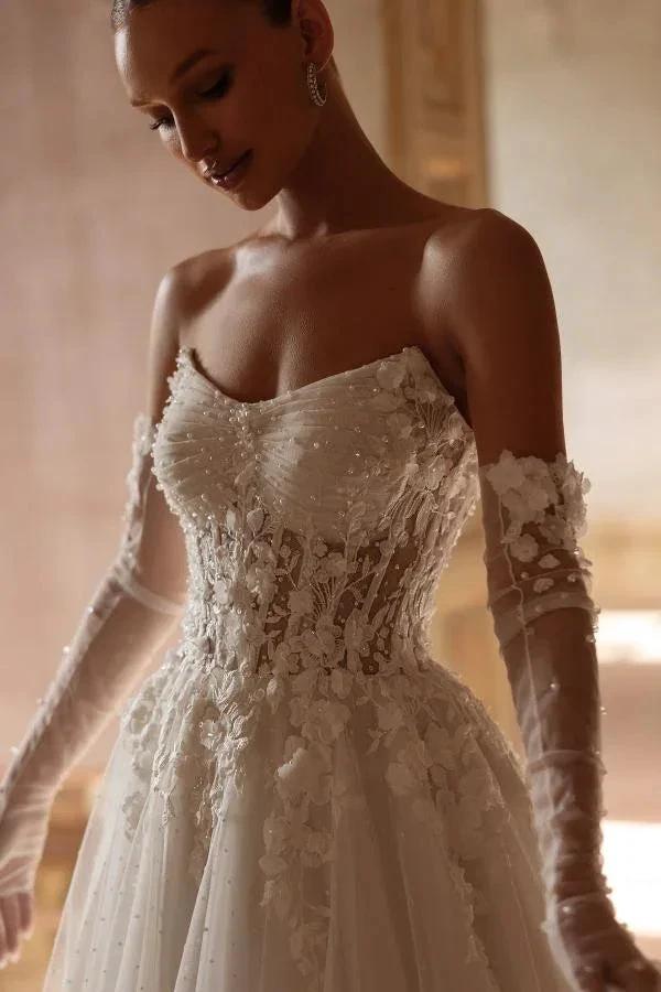 Elegant Ivory Long A-Line Strapless Lace Sweetheart Wedding Dresses (ZD14484)