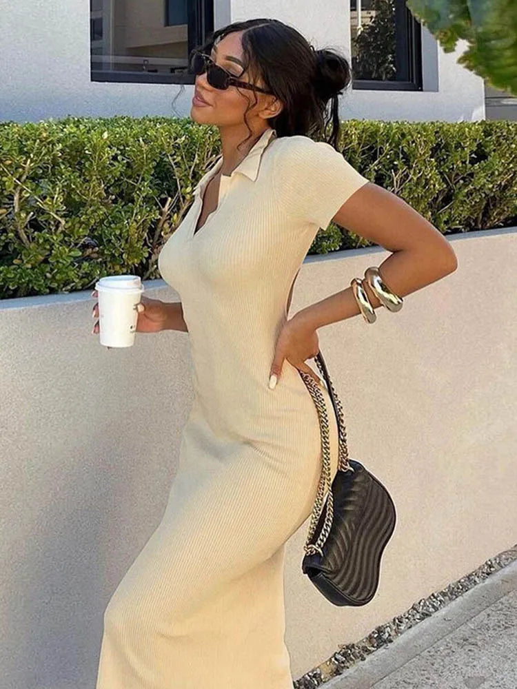 Knitted Backless Short Sleeve Midi Dress - VelvetHem