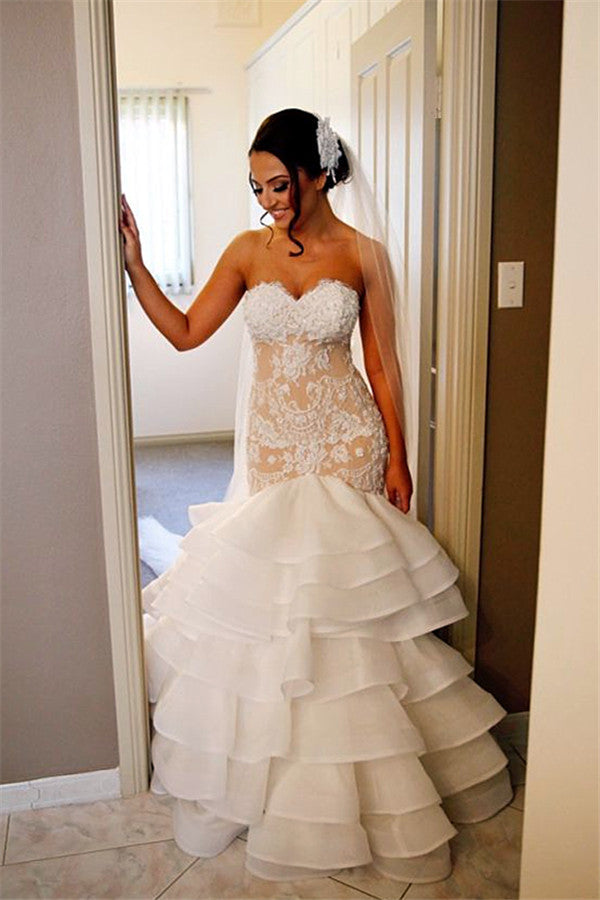 Elegant Lace  Mermaid Wedding Dress Tiered Open Back Strapless Wedding Gowns BA1540