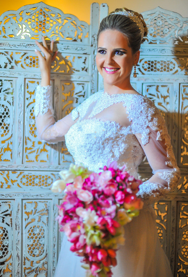 Elegant Lace Plus Size Wedding Dress  Long Sleeve A-line Bride Dresses with Long Train