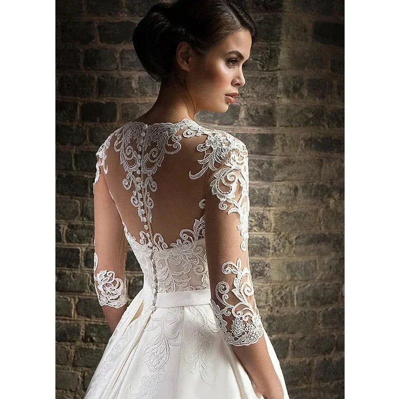 Elegant Lace Wedding Dresses Sexy Deep V-Neck Vestido De Novia Sleeve Bridal Gowns with Pockets Customized Robe Mariee (ZD14196)