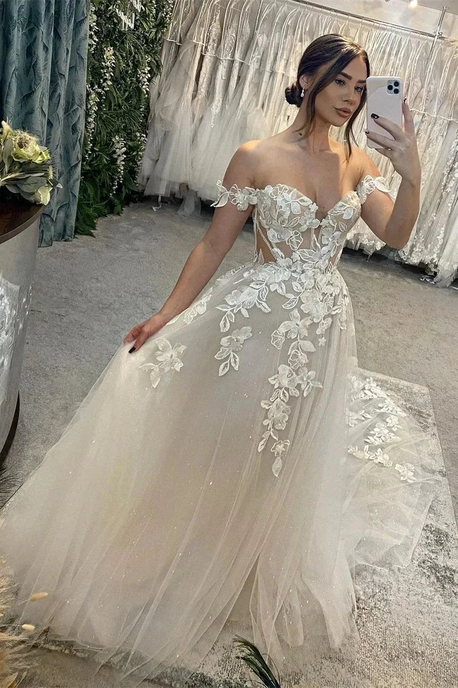 Elegant Long A-line Off-the-shoulder Sweetheart Appliques Glitter Wedding Dress (ZD15661)