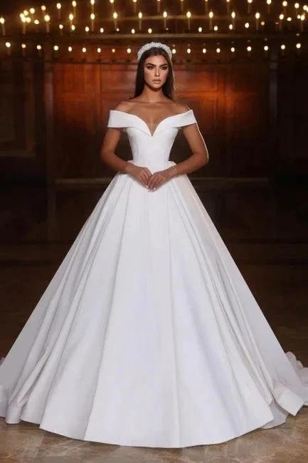 Elegant Long A-line Off-the-shoulder V-neck Satin Wedding Dress (ZD15606)