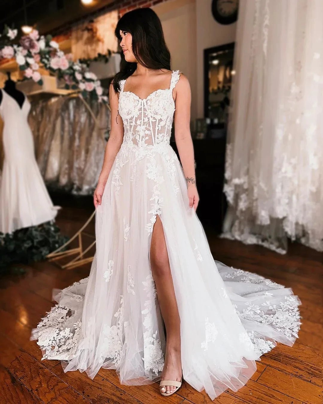 Elegant Long A-line Straps Sleeveless Lace Wedding Dress With Slit (ZD15689)