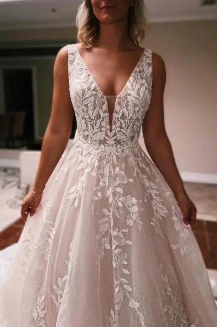 Elegant Long A-line V-neck Backless Lace Glitter Sleeveless Wedding Dresses (ZD15594)