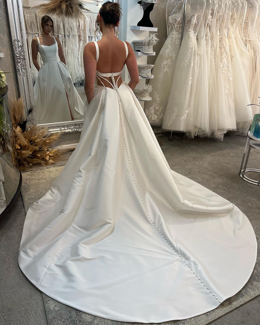 Graceful Long Ivory A-line Straps Satin Sleeveless Backless Wedding Dress With Slit (ZD17469)