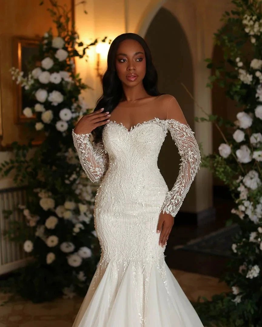 Elegant Long Ivory Mermaid Long Sleeves Lace Tulle Wedding Dress (ZD15660)