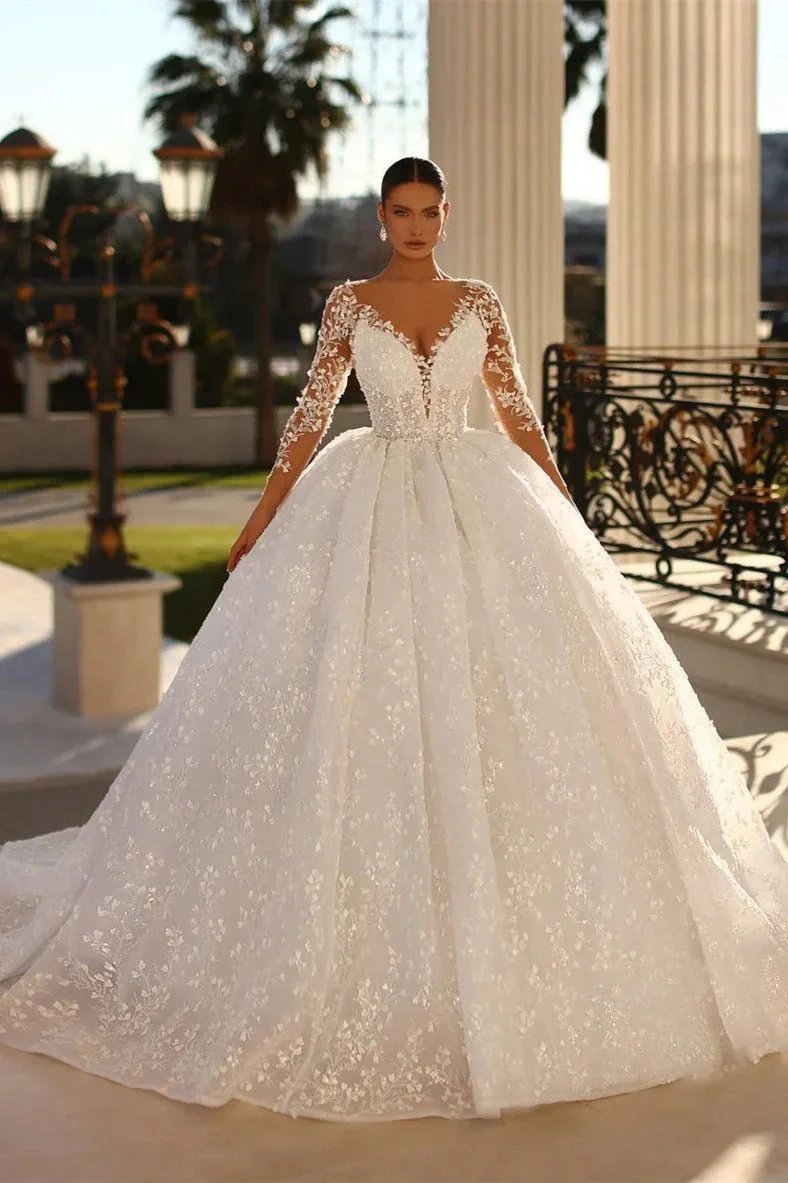 Elegant Long Ivory V-neck Ball Gown Lace Wedding Dress With Long Sleeves (ZD15655) - VelvetHem