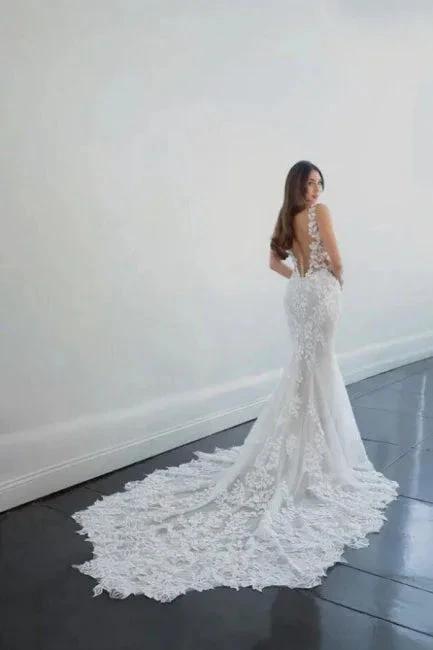 Elegant Long Mermaid V-neck Sleeveless Wedding Dresses With Lace (ZD14907)