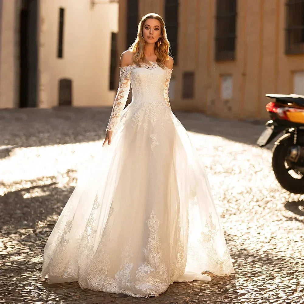 Elegant Long Sleeve Wedding Dresses Off The Shoulder Boat Neck Lace Appliques Sweep Train A-Line Bridal Gown Vestidos De Novia (ZD14089)