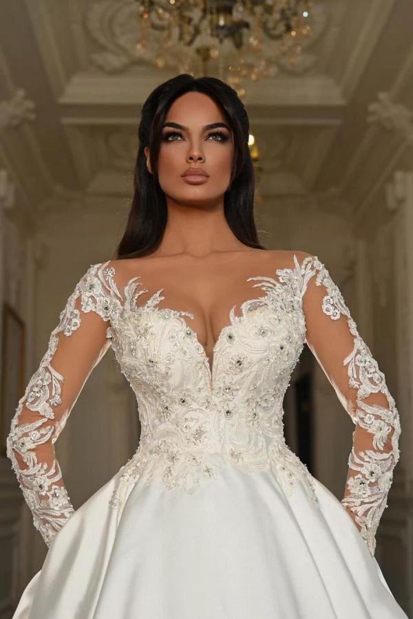 Elegant Long Sleeves A-line Sweetheart Satin Lace Wedding Dresses with Pockets (ZD14488) - View 4 | VelvetHem