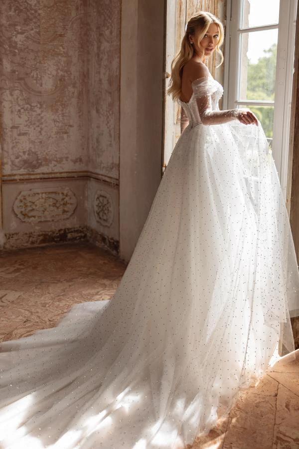 Elegant Long White A Line Off-The-Shoulder Tulle Wedding Dress (ZD14483)