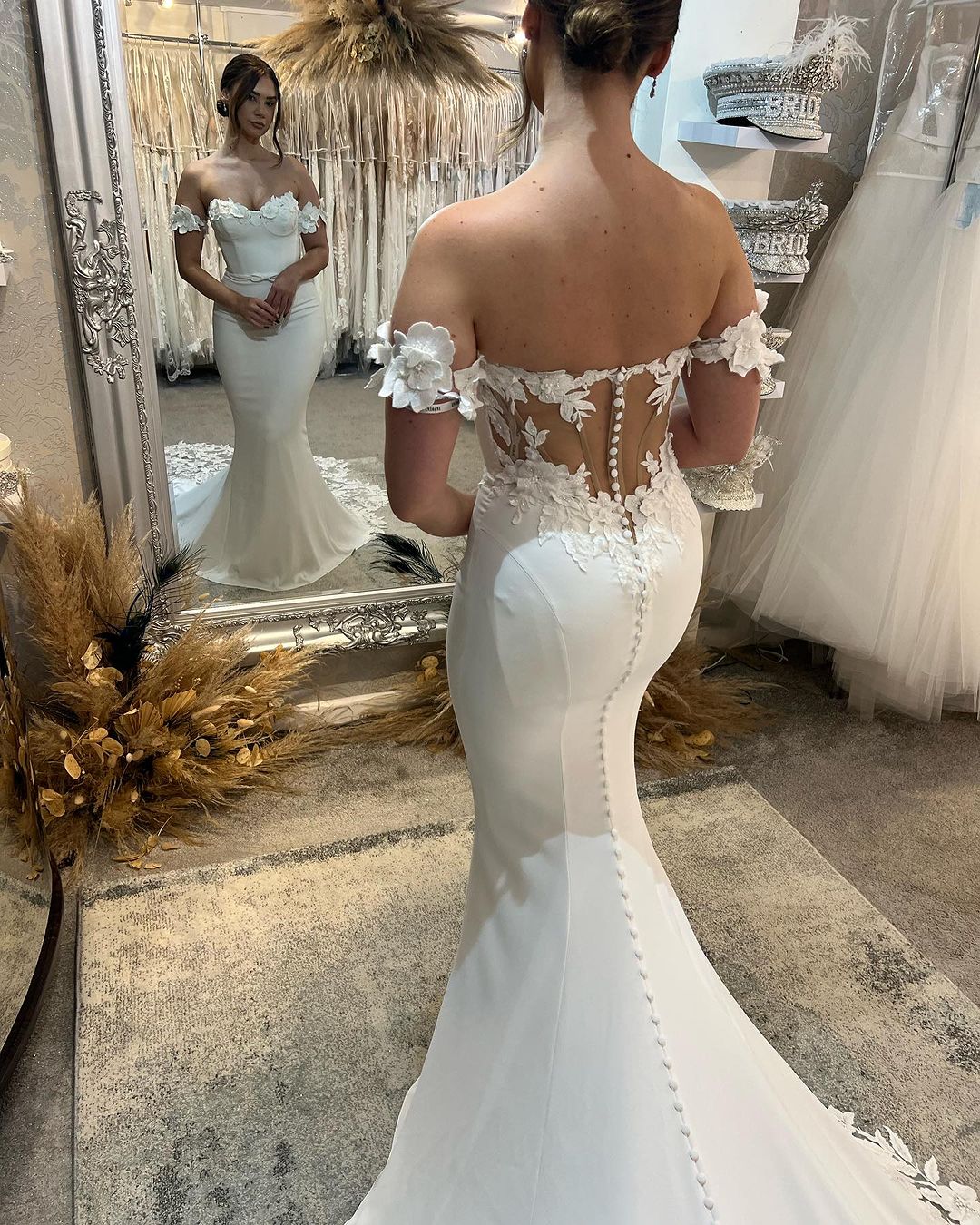 Elegant Long White Mermaid Off-the-shoulder Appliqué Wedding Gown With Train (ZD17463)