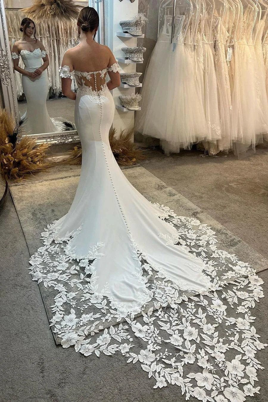 Elegant Long White Mermaid Off-the-shoulder Appliques Wedding Dress With Train (ZD15663)