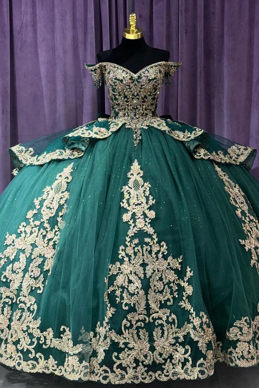 Elegant & Luxuru Ball Gown Off Shoulder Gold Lace Applique Beads Tiered Ruffle Emerald Green Tulle Quinceanera Dress Princess Gown For Sweet 16