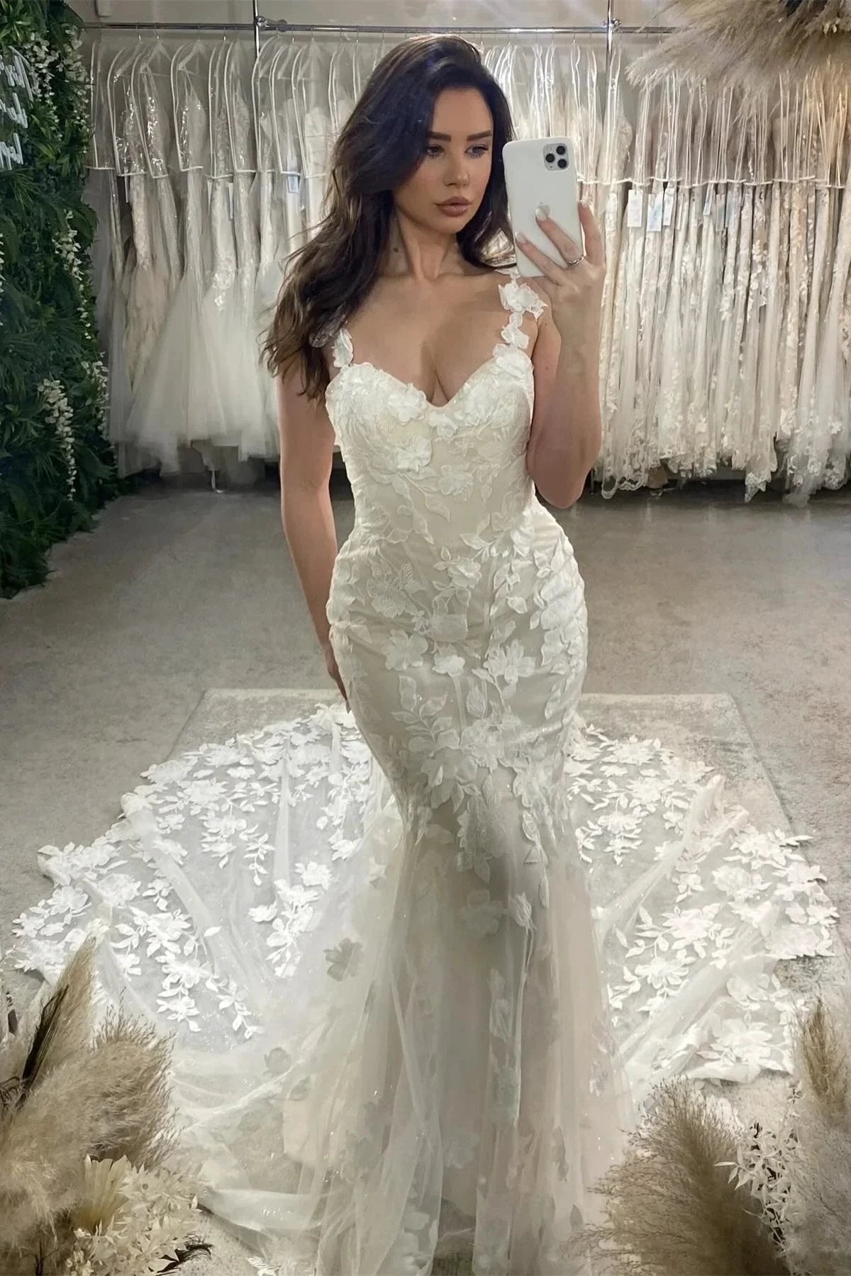 Elegant Mermaid Off-the-shoulder Sleeveless Appliques Tulle Lace Train Wedding Dress (ZD15585)