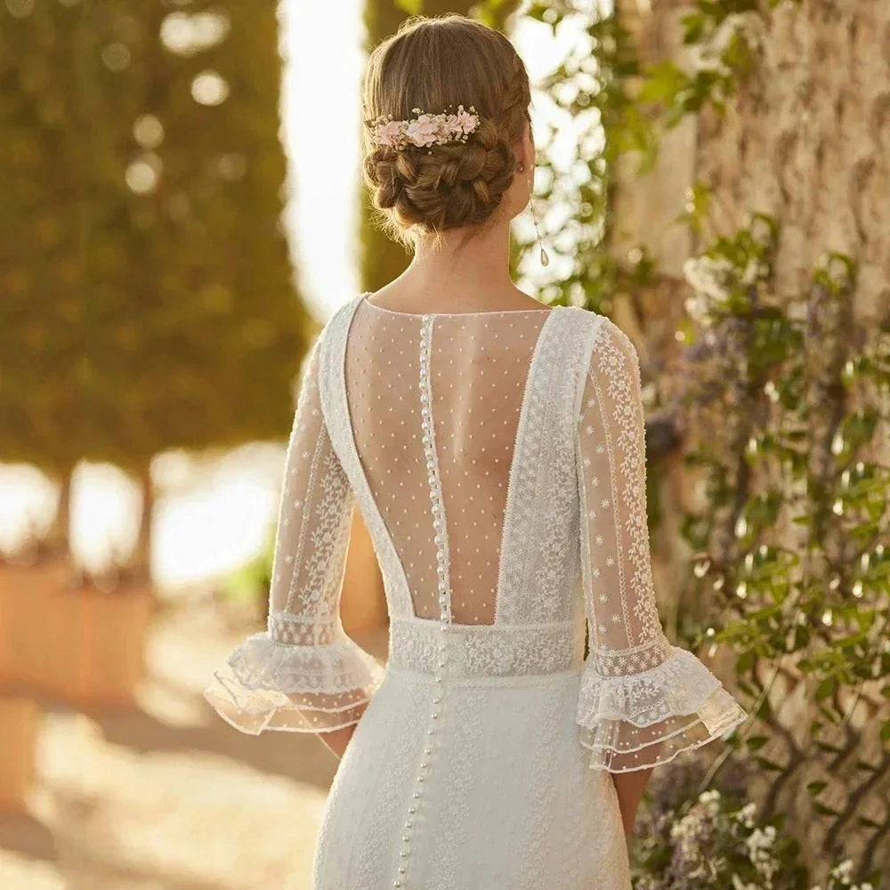 Elegant Mermaid Wedding Dresses Lace Bohemia Sexy Deep V-Neck Half Sleeve Bridal Gowns Pearl Button Formal Beach Party Robe Tull (ZD14176)