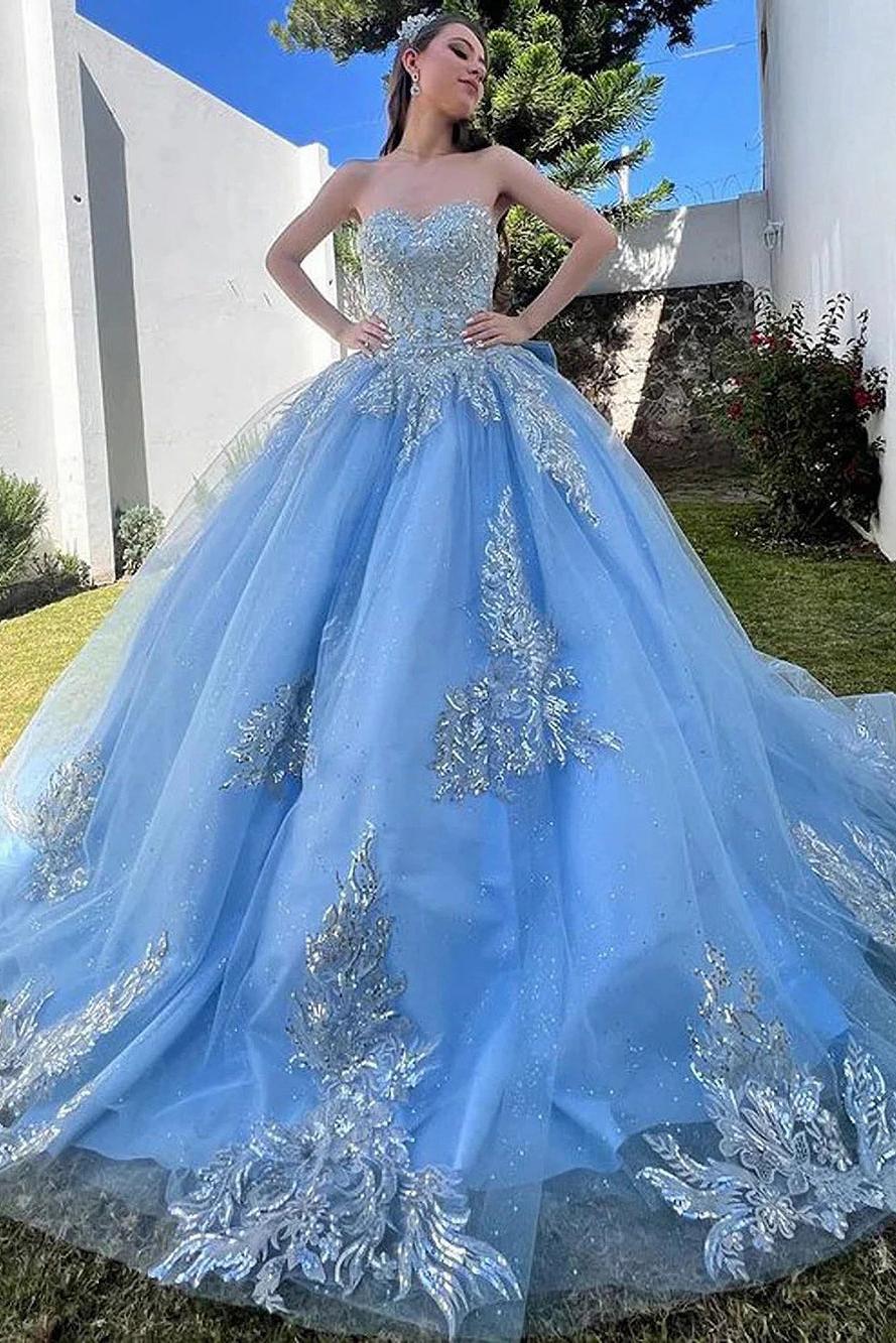 Elegant & Modern Ball Gown Strapless Lace Appliques Beaded Tiered Ruffles Sky Blue Tulle Quinceanera Dress Birthday Party Gown For Sweet 16