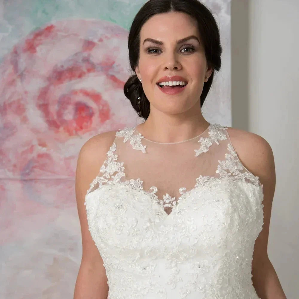 Elegant O-neck Plus Size Wedding Dresses Custom Made See Through Organza Appliqued A-line Bridal Gown Robe de Mariee (ZD13287)